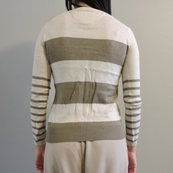 Wilfred Free Cotton Wool Sweater w/ Olive Green Stripes & Shoulder Buttons - Picture 6 of 13